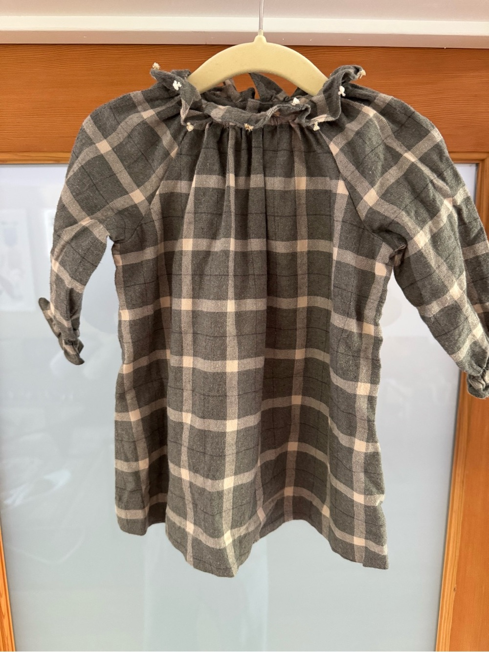 Bonpoint Gray and Cream Plaid Long-Sleeve dress